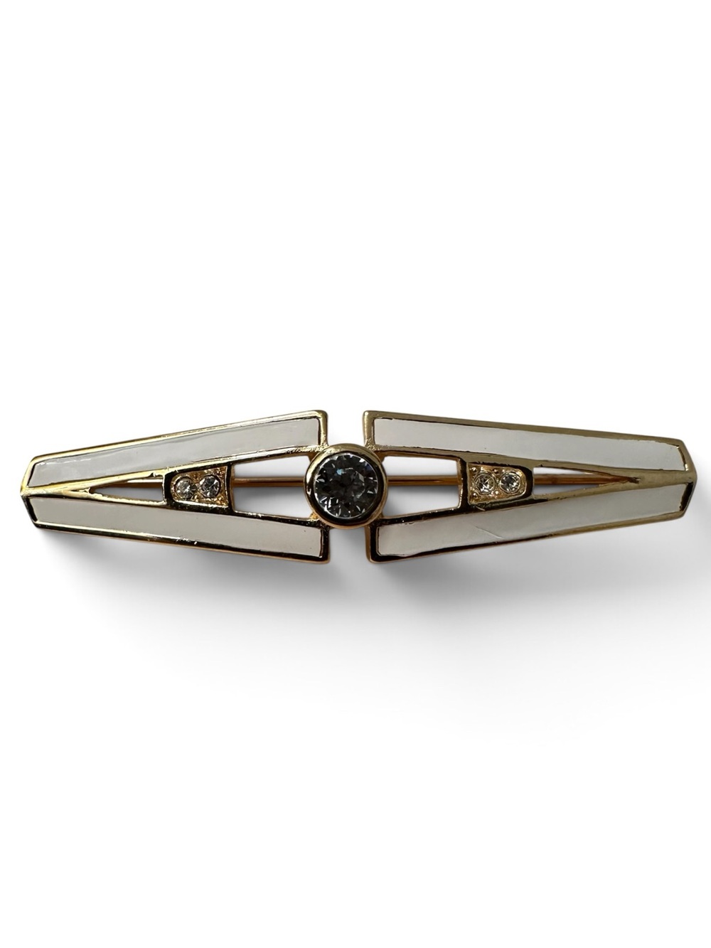 Vintage Art Deco Revival White Enamel Rhinestone Bar Brooch